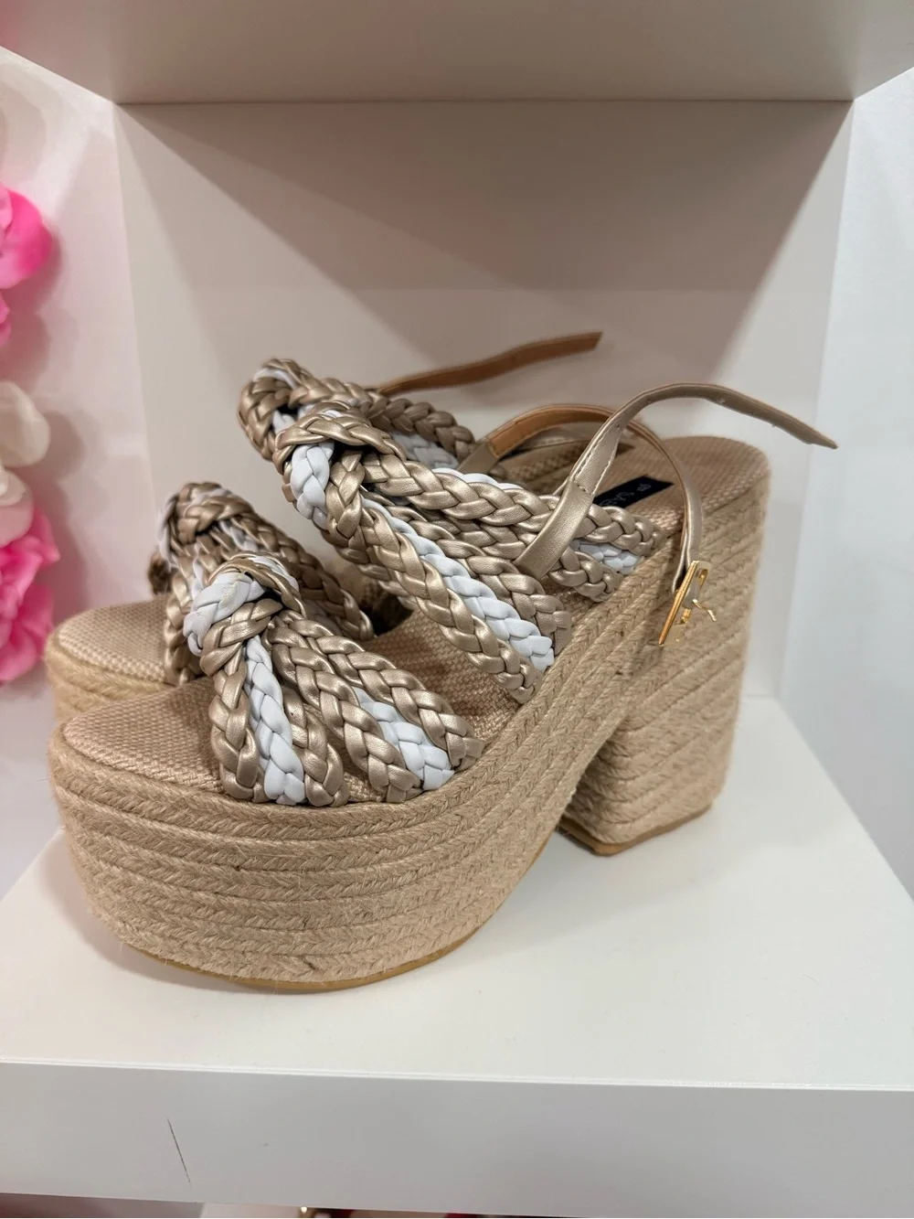 Woven Braided Platform Sandals - White & Beige